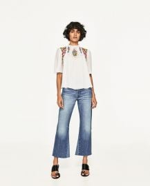 Dotted Mesh Blouse with Floral Embroidery at Zara